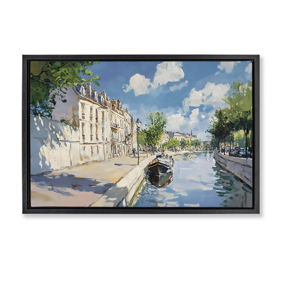 Stupell Industries Boat in Canal Summer Reflection Black Framed Floater Canvas Wall Art, design by Creative Studio