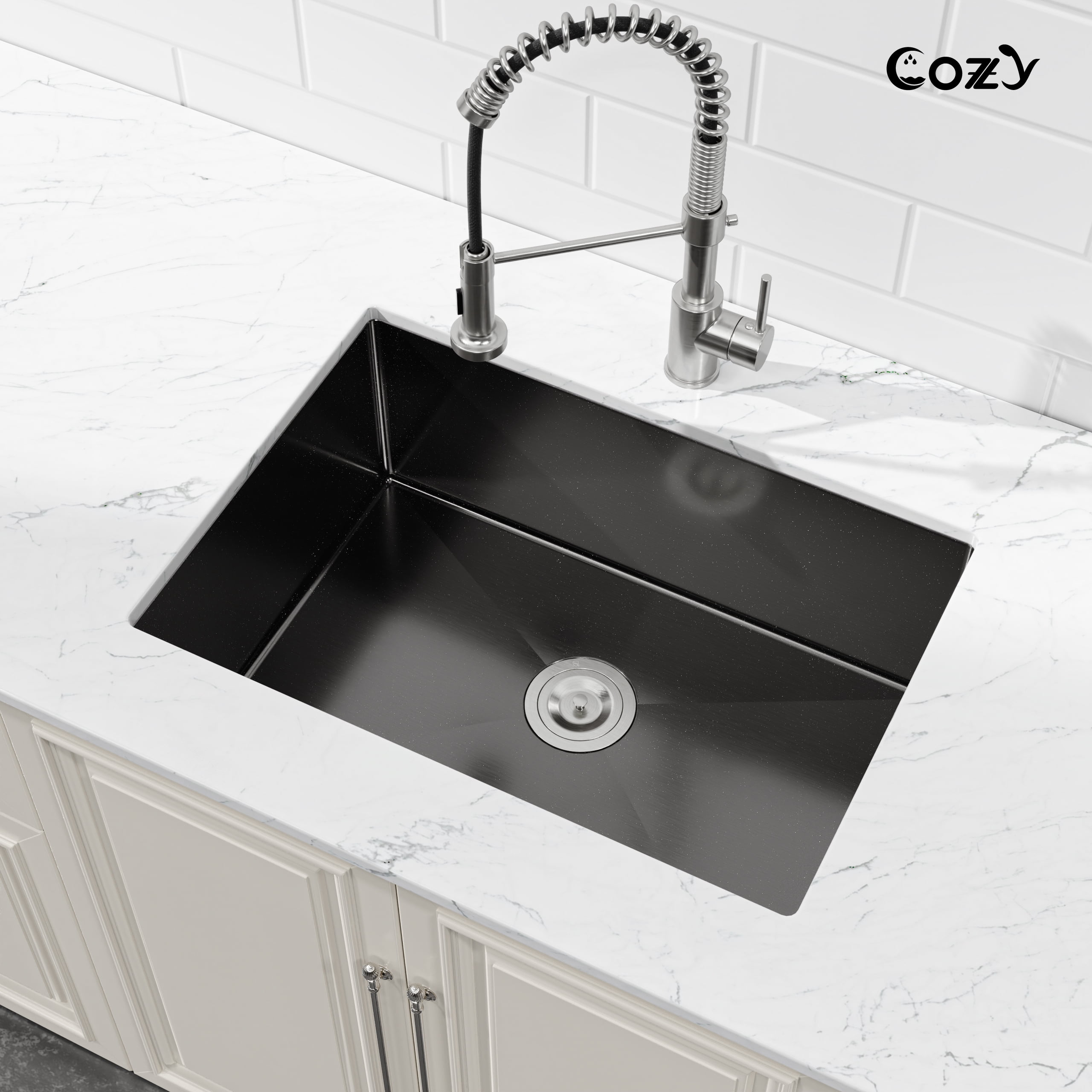 27x19 inch Black Stainless Steel Single Bowl Undermount Kitchen Sink with US Standard Drain and Hook, Model SS-BL04D-271908