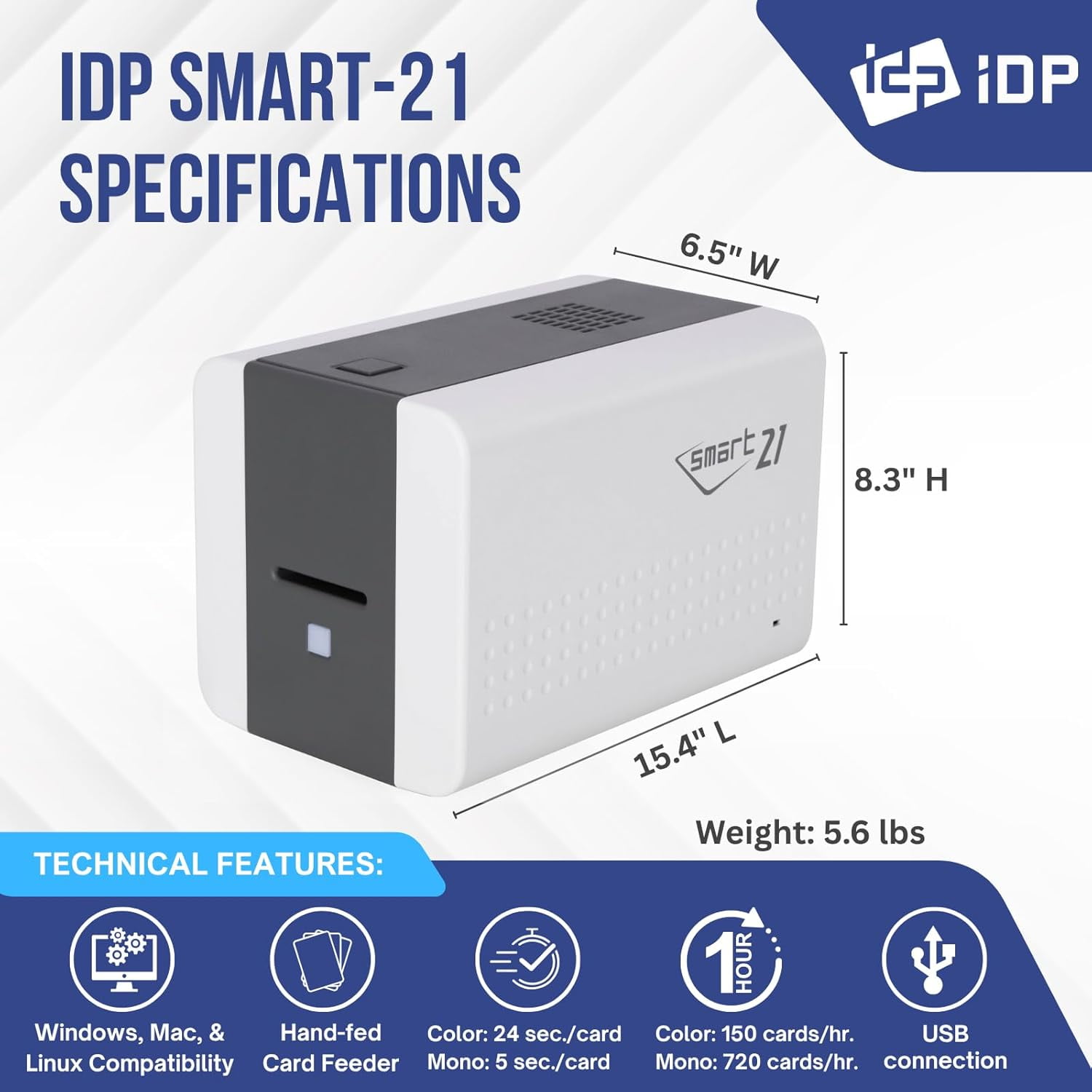 IDP SMART-21SK-EZ ID Card Simplex Printer Kit, Includes printer, YMCKO color ribbon, 100 PVC cards, PC-only software