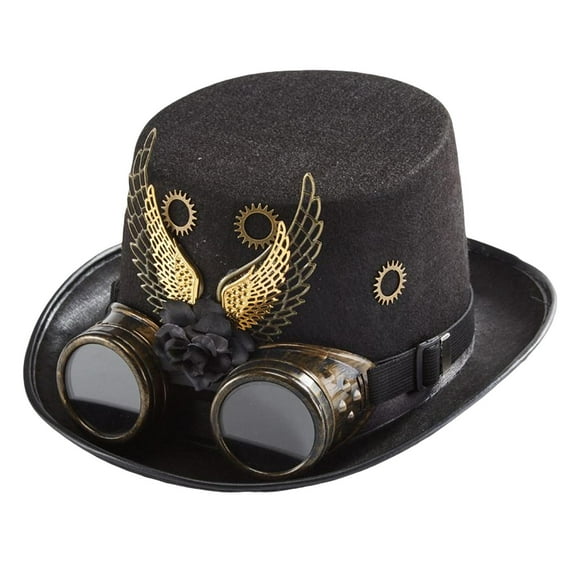 Vintage Steampunk Hat with Goggles Black Top Hat for Mardi Gras Carnival Elegant Style E