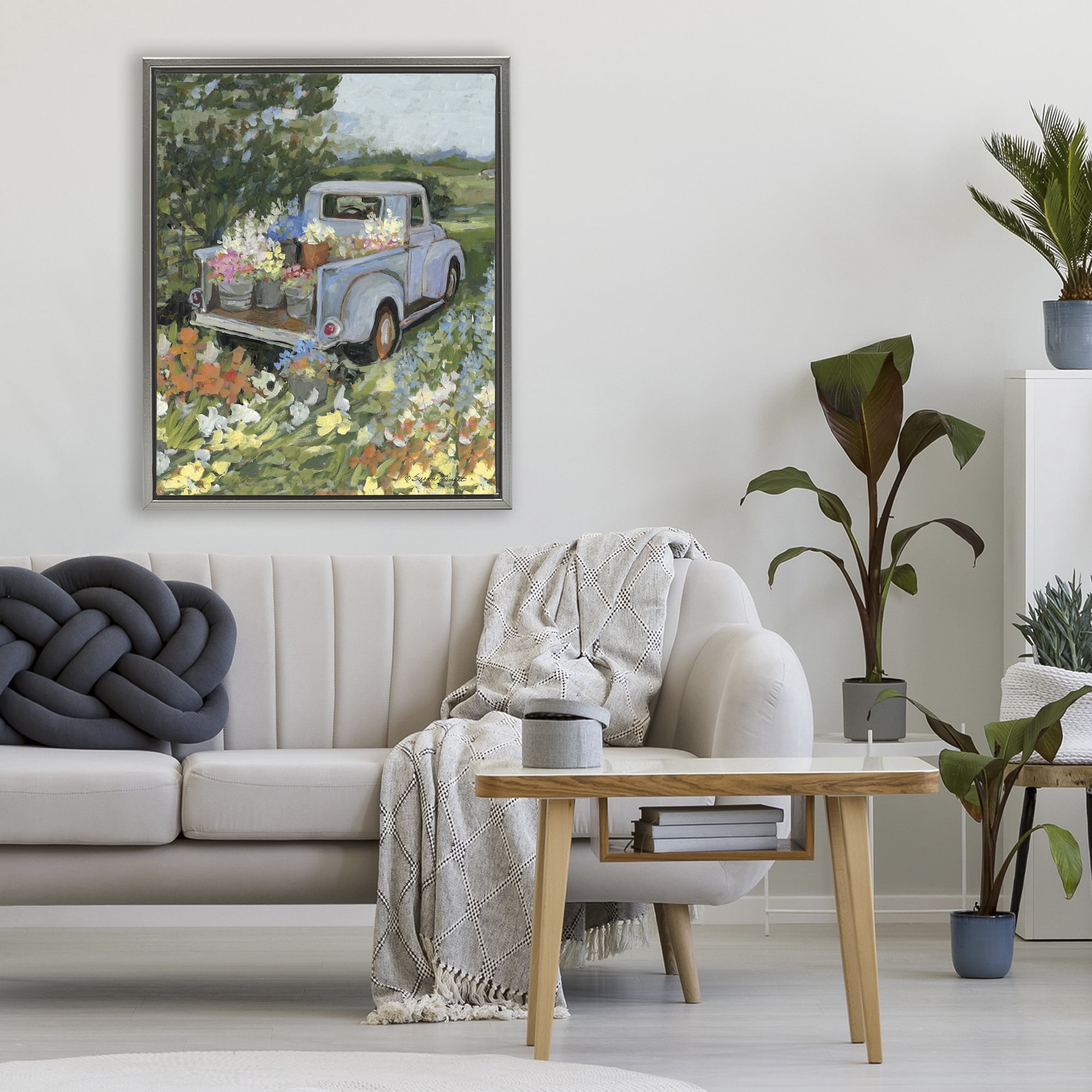 Stupell Industries Truckin' Field with Flowers Gray Framed Floater Canvas Wall Art, design by Susan Winget