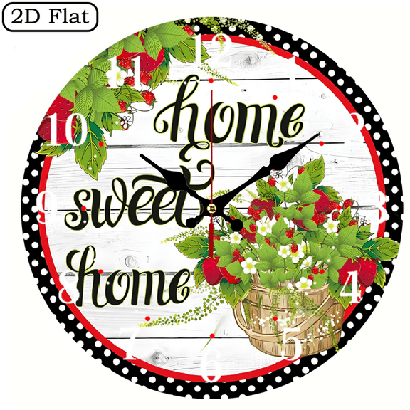 Home Sweet Strawberries Everyday Lover Fun Welcome 2D Flat 1pc 10Inch Design Silent Wall Clock - Wooden, Ideal for Living Room, Kitchen, Office Decor, Perfect Christmas Gift