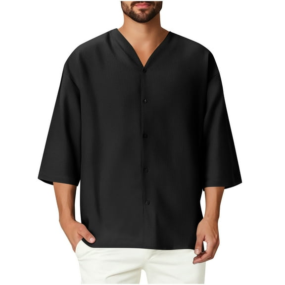 White Undershirt Men Cotton Tee Shirts Men's Button Down Shirt Lightweight Shirts Short Sleeve Band Collar Untucked Shirt