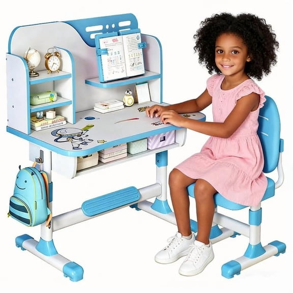 YNCE Talent Star Kids Desk and Chair Set,Adjustable Girls School Writing Study Table,Ergonomic Desk Chair with Large Writing Board Pull Out Drawer Book Stand