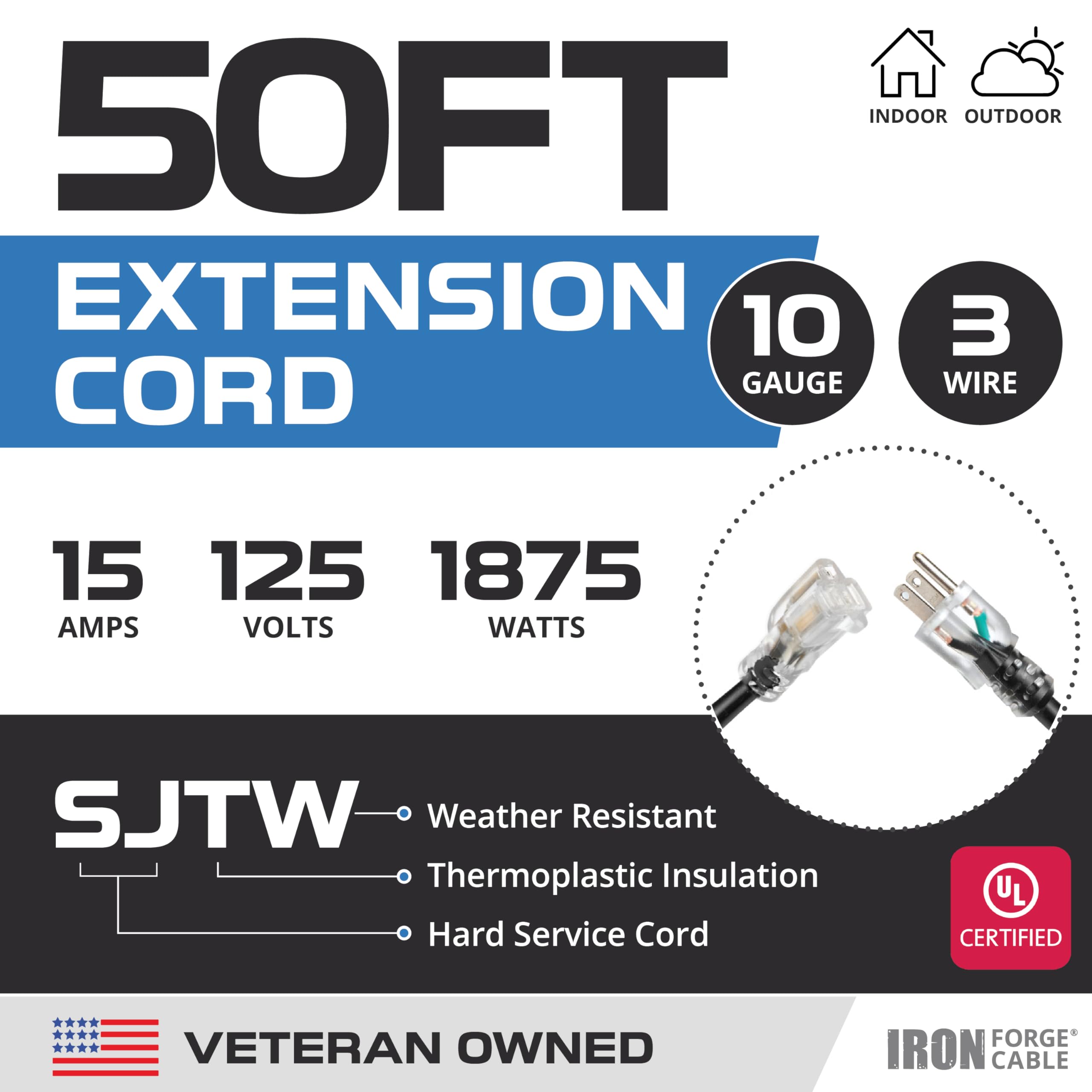 Iron Forge Cable 50 ft Lighted Outdoor Extension Cord - 10/3 SJTW Heavy Duty Black Extension Cable with 3 Prong 15 AMP Grounded Plug for Safety