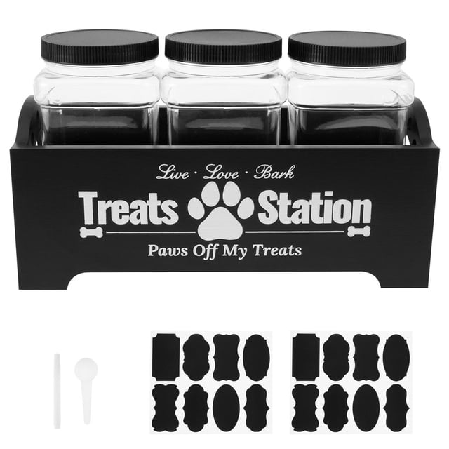 MesaSe Dog Treat Container with 3 Plastic Treat Jars Wood Dog Food Container with Handles Practical Dog Food Storage Container Decorative Cat Food Container for Dog Food Storage