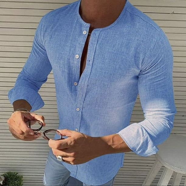 Camisas De Para Hombre Camisa Fashion Round Color Manga Long Men s Casual Top Blouse Men s blusa Blue L Walmart en linea
