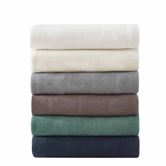 Eddie Bauer Home Herringbone Collection 100% Cotton Light-Weight and Breathable Blanket, Cozy and Soft Throw, Machine Washable, Queen, Chrome