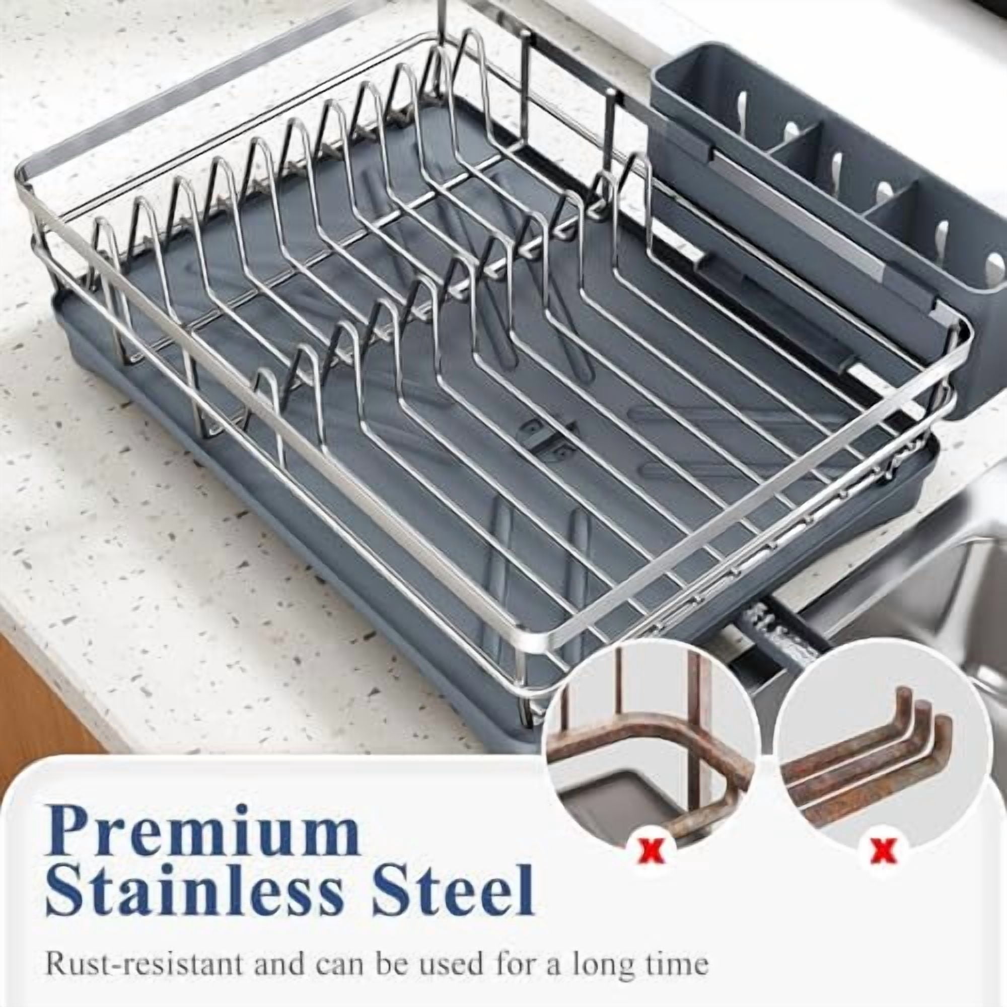Dish Drying Rack for Kitchen Counter - Stainless Steel Dish Rack with Drainboard, Large Dish Drainer with Utensil Holder for Sink, Silver