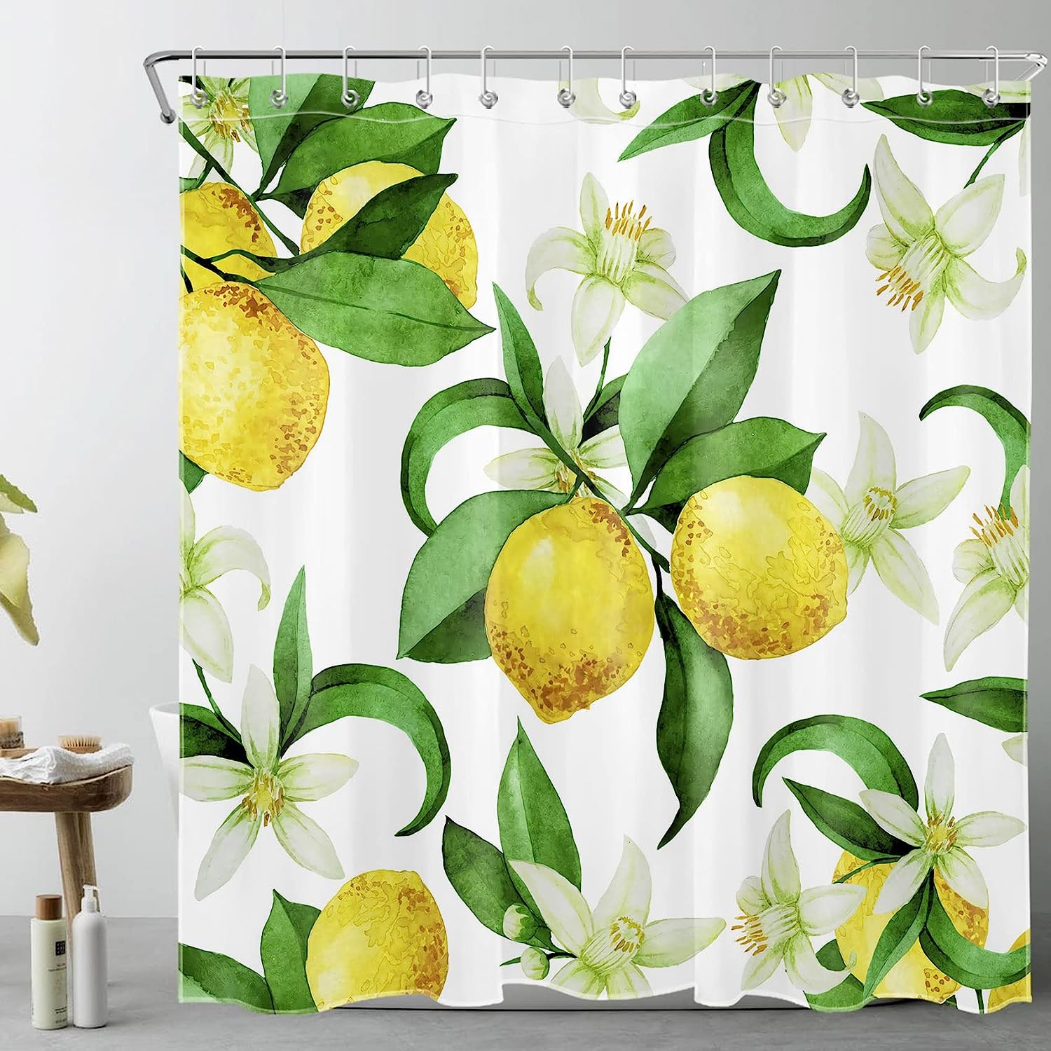 Sonernt Yellow Lemon Shower Curtain White Floral with Green Leaf Shower