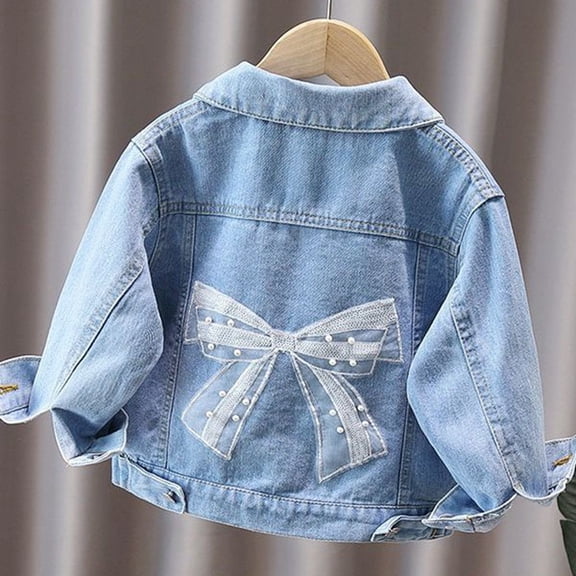 Huowey Girls Bowboy Fall Jacket Classic Button Down Long Sleeve Casual Coat Solid Color Multi Pockets Cute Bow Denim Jacket For Grls Fall Jean Coat Outwear,Beige,3-4 Years