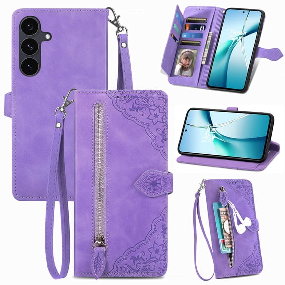 Phone Case for Samsung Galaxy S26 FE, Shockproof PU Leather Wallet Case with Card Slots Anti-Scratch Stand Magnetic Flip Zipper Pocket Cover, Purple