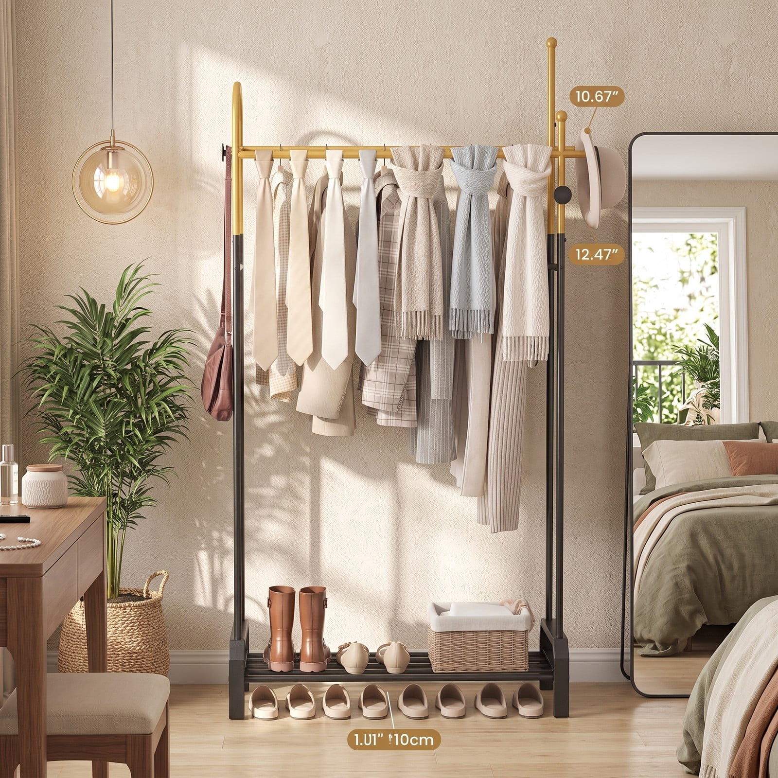 Furnibear Double Rod Garment Rack with 5 Side Hooks and Bottom Shelf for Bedroom Laundry Room and Closet, Gold and Black