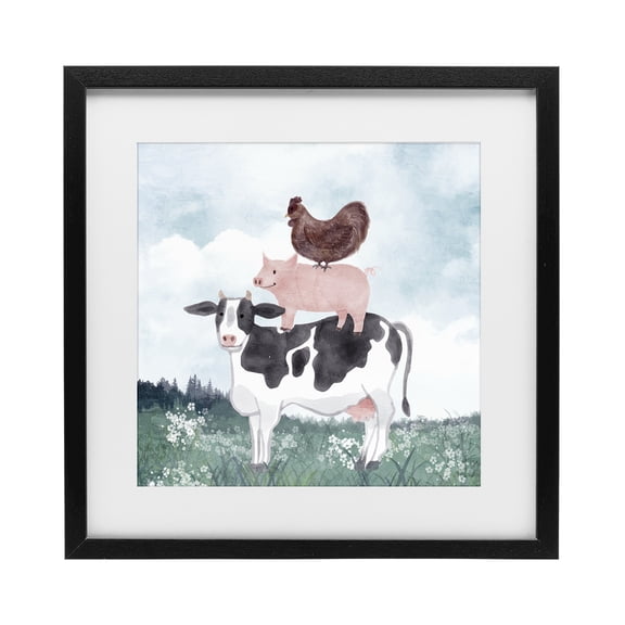 Stupell Industries Muted Stacked Farm Animals Black Framed Print Under Glass, design by Kim Allen
