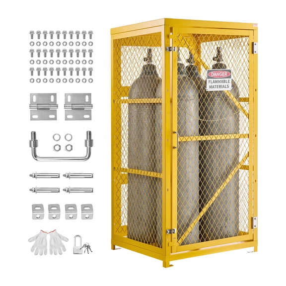 VEVOR Vertical Cylinder Storage Cabinet, 31"L x 30"W x 65"H, 9 Cylinder Capacity, Propane Storage Cage with Chain, Lock and Keys, Yellow Powder-Coated Carbon Steel, for Propane, Oxygen, Nitrogen