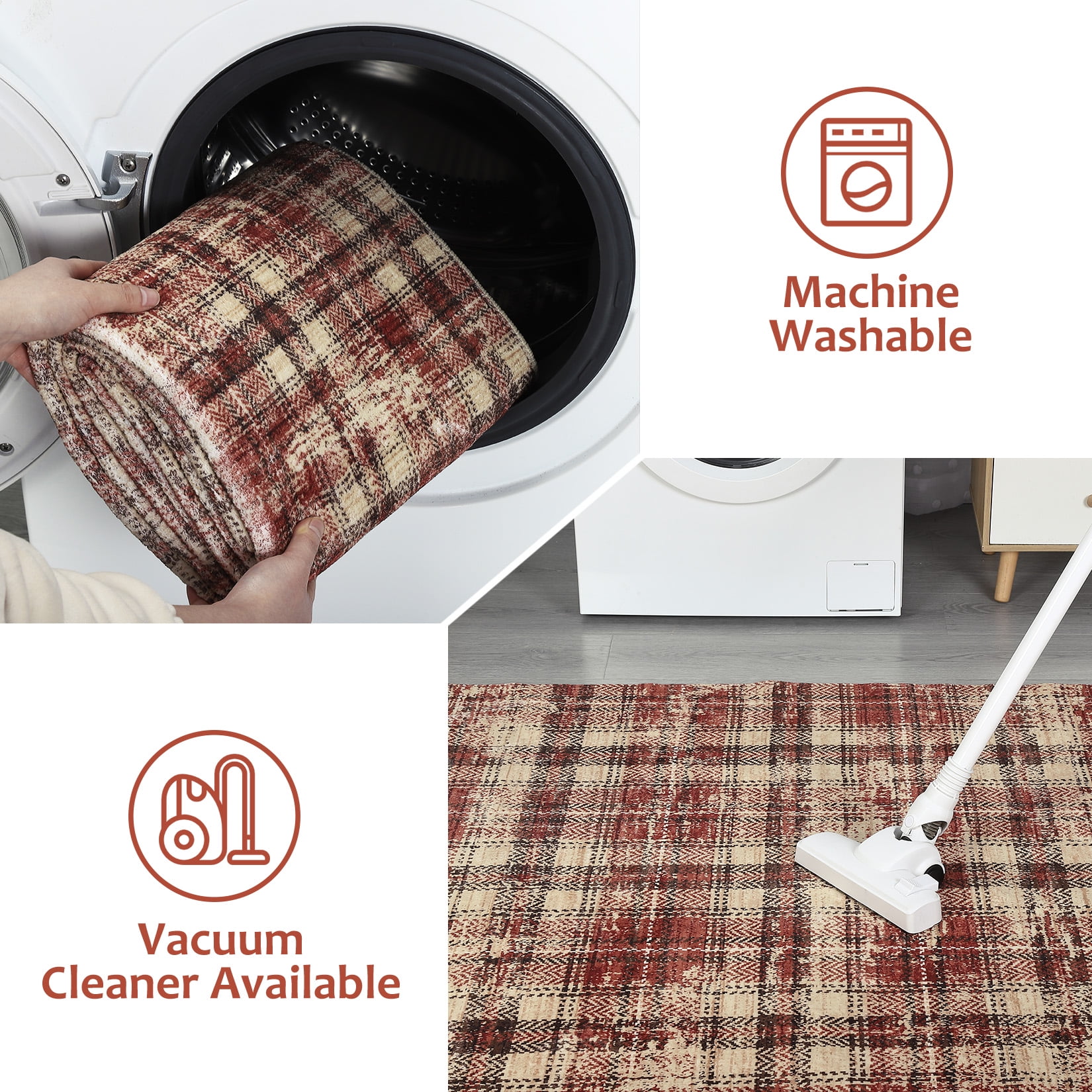 GlowSol 9'x12' Washable Area Rugs for Living Room Modern Farmhouse Plaid Rug Non-Slip Low Pile Large Rug Floor Cover, Red