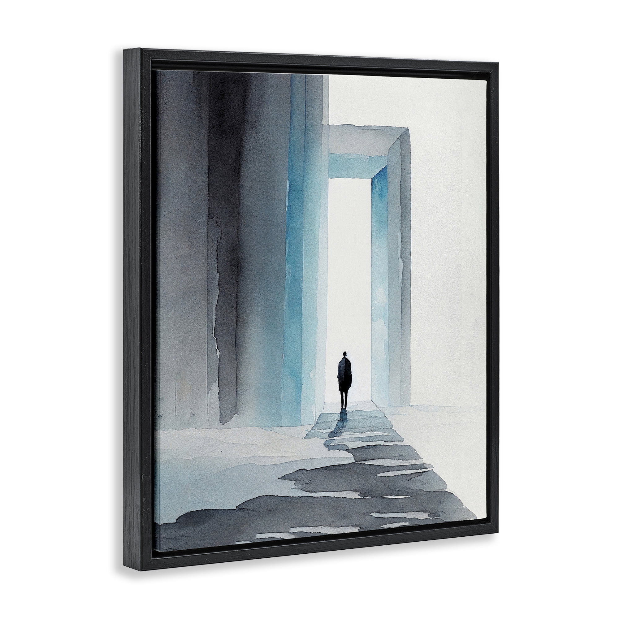 Stupell Industries Person with Snowy Doorway Landscape Painting Black Floater Framed Canvas Art Print Wall Art, 17 x 21