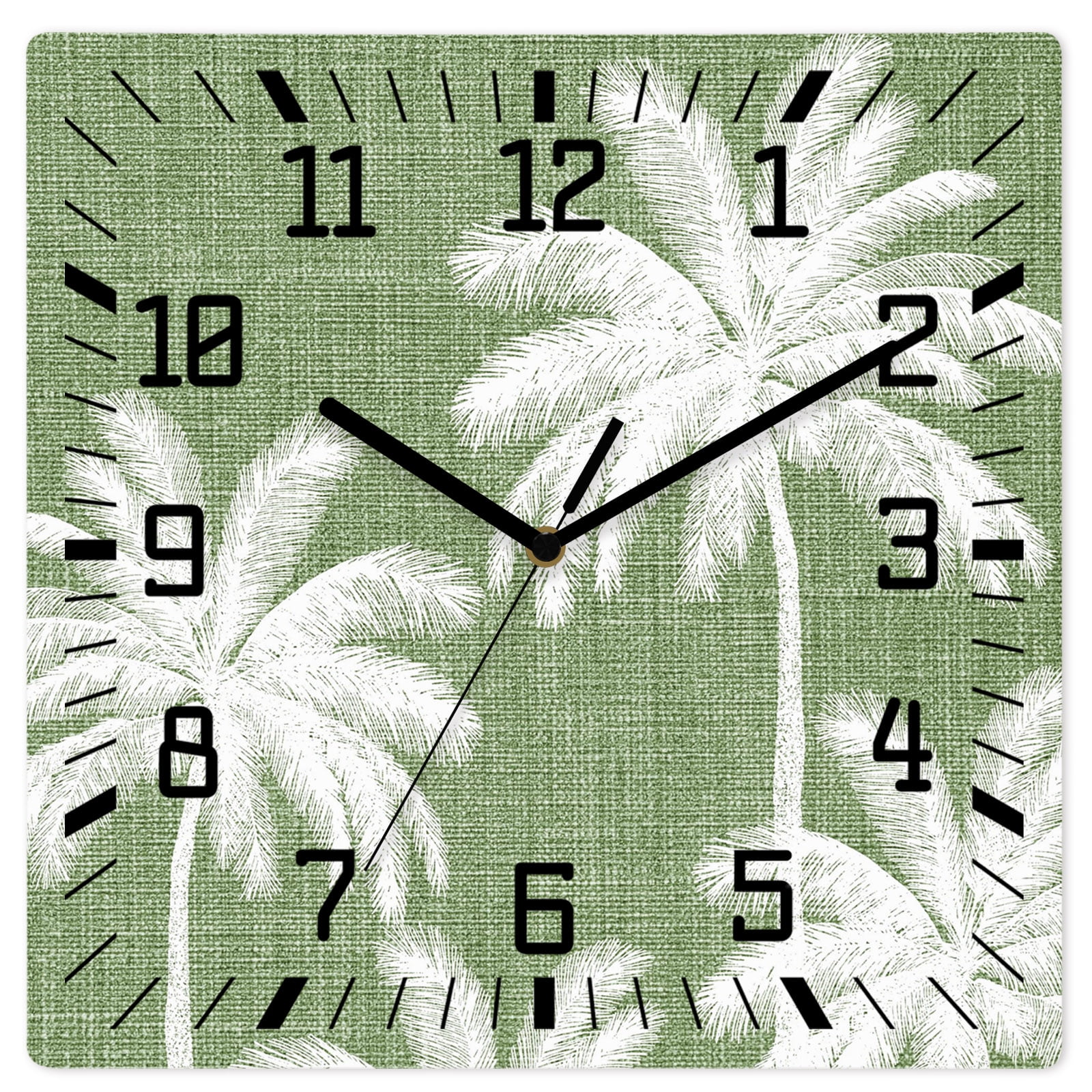 Wall Clock Tropical Palm Trees Operated Square Clocks Wooden Silent Non-Ticking Wallclock 10 Inch Green Linen Coastal Wood Wall Clock for Living Room Bedroom Office Shool Home Decor