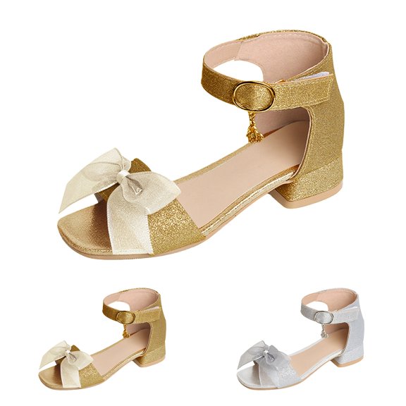 RotHome Girls Sandals Chunky Low Heels Dress Pump Open Toe Ankle Strap Bow Decor Flower Girl Wedding Party Shoes for Bridal Birthday Formal Occasions