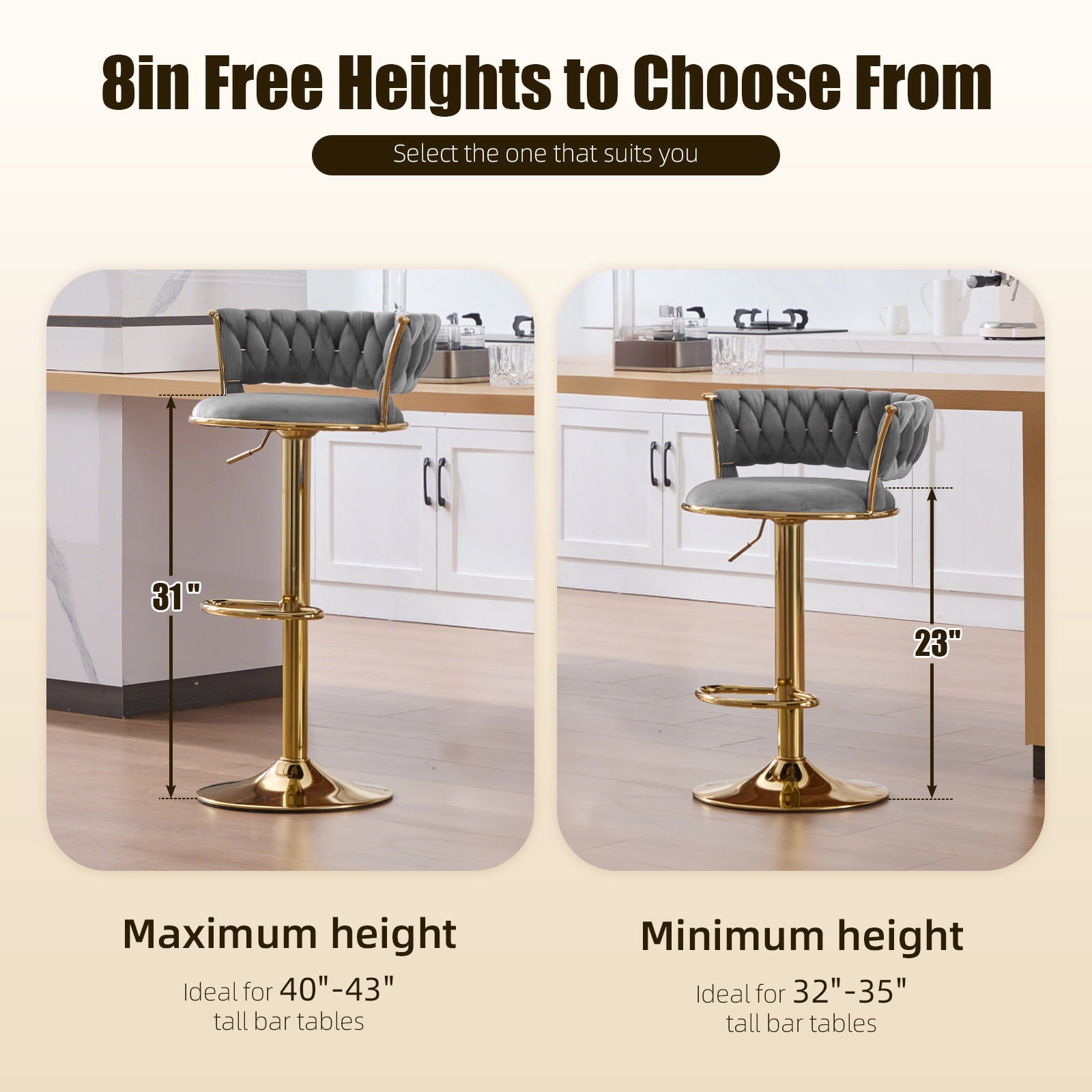 MOONMISS Velvet Upholstered Adjustable Height Swivel Armless Bar Stools with Golden Footrest(set of 2)-Gray