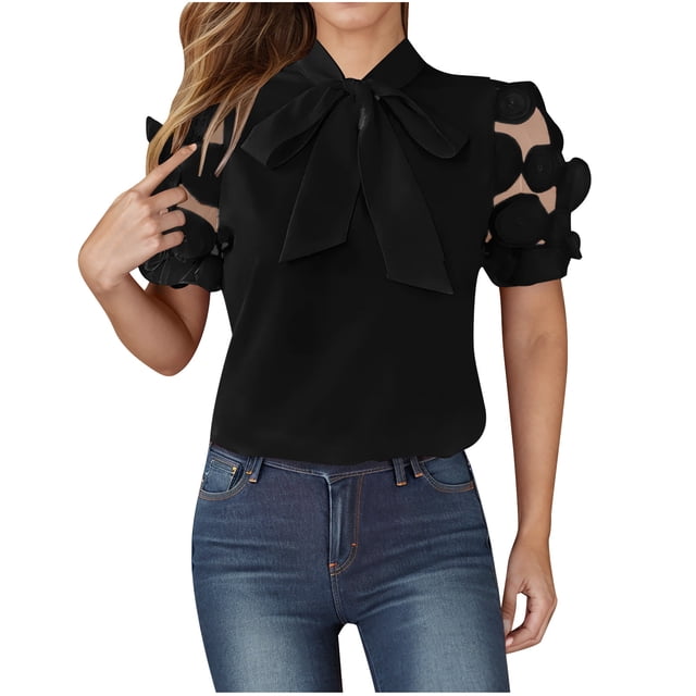 Encaje V Cuello Tops para las Mujeres Casual Color Sólido Encaje Costura Manga Corta Blusas Sueltas, Moda de Verano Tops
