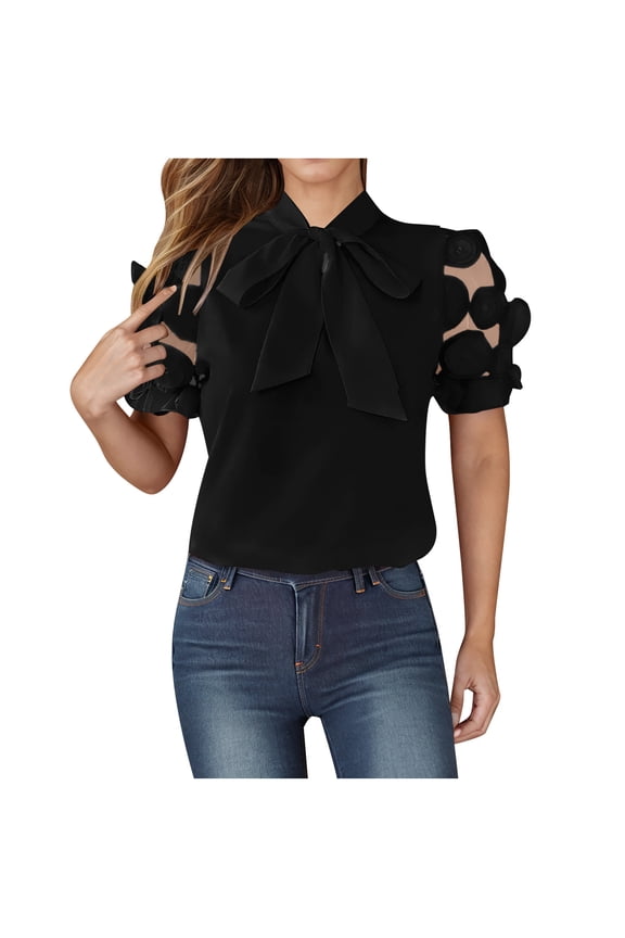 Womens Dressy Blouses with Strappy, Short Sleeve Shirts for Women Summer Casual Solid Color Sexy Lace Patchwork V Neck T-Shirts