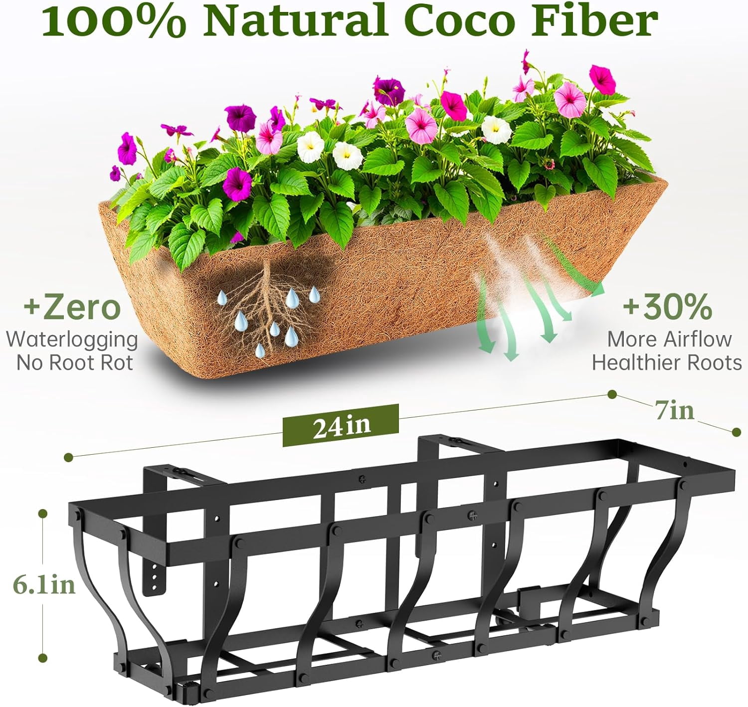 Heavy Duty Window Box Planters, Railing Planter Boxes, Adjustable Balcony Planters for Railing Hanging, with Coco Liner & Support Rod for Deck, Porch, and Patio Gardening