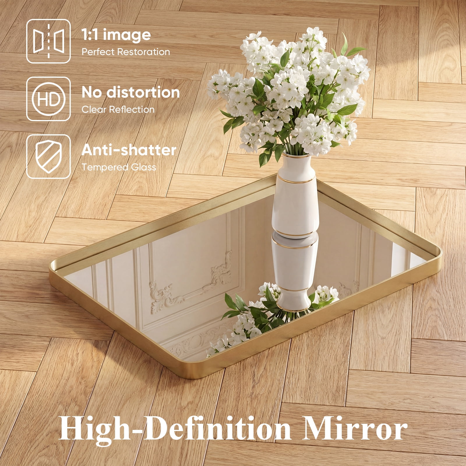 Gianna Anti-Fog Bathroom Wall Mirror – 30" x 40" Shatterproof Vanity Mirror with Rectangular Metal Frame, Gold