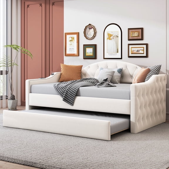 MODERNLUXE Twin Size Daybed with Trundle,Velvet Tufted Upholstered Sofabed with USB Charging Ports,Wood Slat Support,No Box Spring Needed,Beige