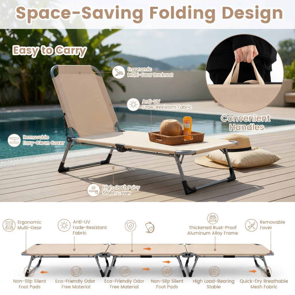 Hommoo Foldable Tanning Chair with Face & Arm Holes, Lightweight Portable Beach Chair for Pool, Patio, and Outdoor Use, Beige