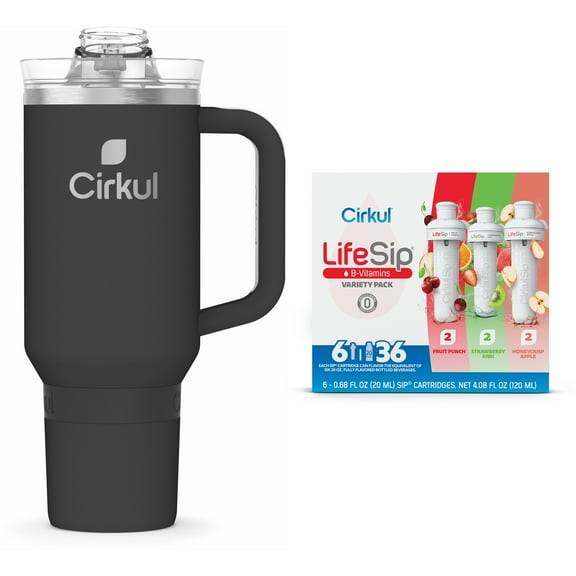 Cirkul 40oz All-Day StrawSip, Carbon Black & Cirkul LifeSip Flavor Cartridge Variety Pack, Drink Mix, 6-Pack