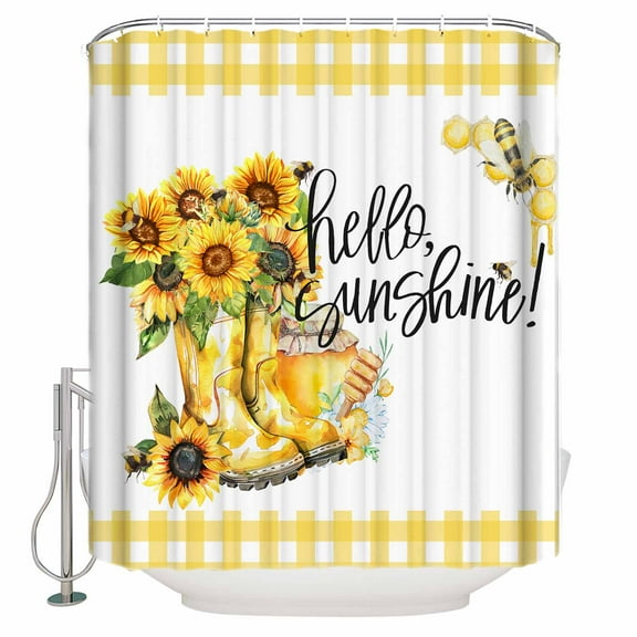 Small Stall Shower Curtain 36x72 Inch Narrow Half Size Sunflower Bath Curtains Bathroom Decor Yellow Plaid Watercolor Bee Floral Waterproof Fabric Shower Curtain Set with Hooks 36 Inch