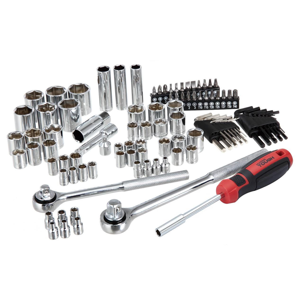 Hyper Tough 107 Piece 1/4, 3/8, 1/2 inch Drive Socket Set for Mechanic Use