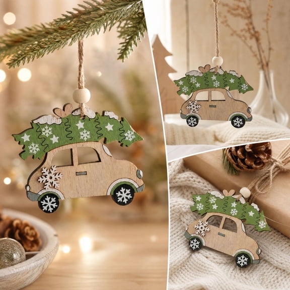Qjidjing Christmas Wooden Car Craft Accessory Decorations for Christmas Tree Ornaments, Car Interior, Indoor Home Party