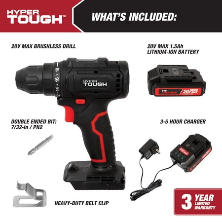 HYPER TOUGH 20V MAX BRUSHLESS CORDLESS DRILL DRIVER WITH 1.5AH LITHIUM-ION BATTERY AND CHARGER