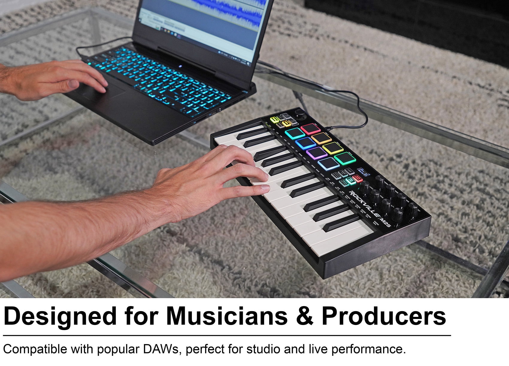 Rockville M25 BLACK 25 Key USB Wireless MIDI Keyboard Controller With Bluetooth