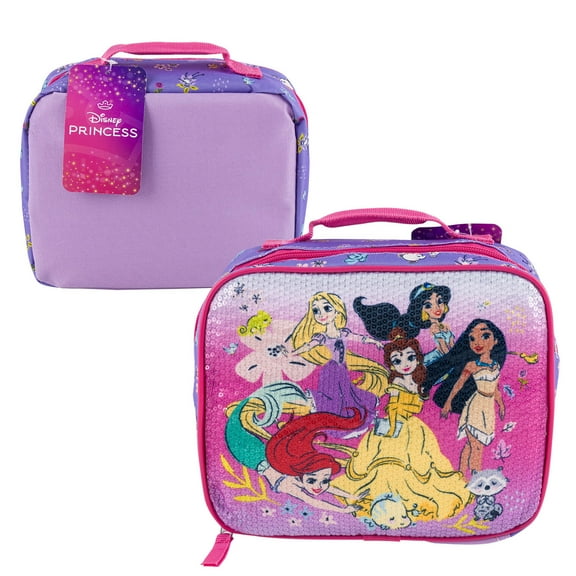 Disney Princess Rectangular Lunch Bag - 9.5" - Disney Princess And Friends - Sequin And Purple
