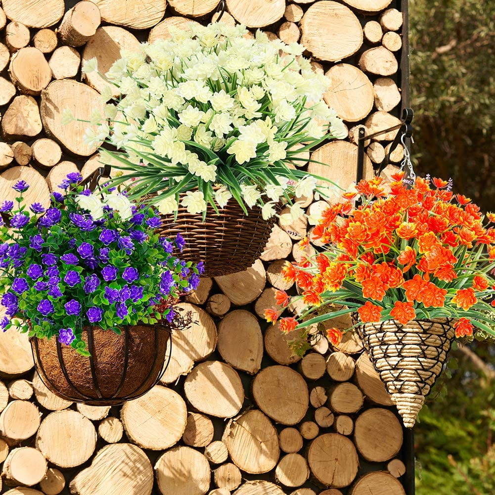 Artificial Daffodils Fake Large Flowers, 4 Bundles White UV Resistant Faux Greenery Foliage Plants Shrubs for Garden, Wedding, Outside Hanging Planter, Farmhouse Indoor Outdoor Decor