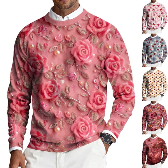 yuCgh Men's Long Sleeve Ribbed Pullover with Valentine's Day Pattern, Round Neck Casual Knit Sweater, Festive Design Comfort Fit Soft Fabric,Hot Pink L