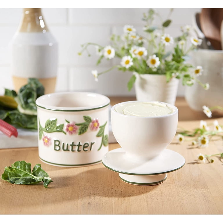 TAWCHES Hand-painted Ceramic Butter Dish With Lid - Vintage Farmhouse Butter Keeper For Countertop | 5.4"L X 3.6"W