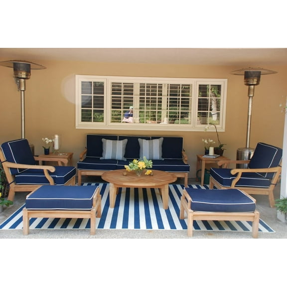 WholesaleTeak Outdoor Patio Grade-A Teak Wood 8 Piece Teak Sofa Set - Sofa, 2 Lounge Chairs, 2 Ottomans, Round Coffee Table And 2 Side Tables -Furniture only --Sack Collection #WMSSSKa