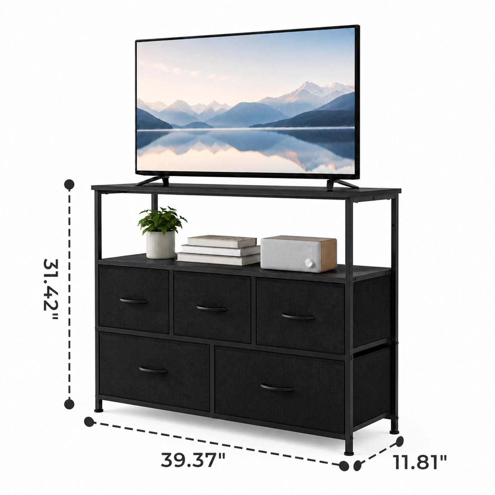 Alvantor Tall Fabric Dresser, TV Stand Media Console, 5 Drawer Storage Tower with Wooden Top for Bedroom, Entryway, Nursery