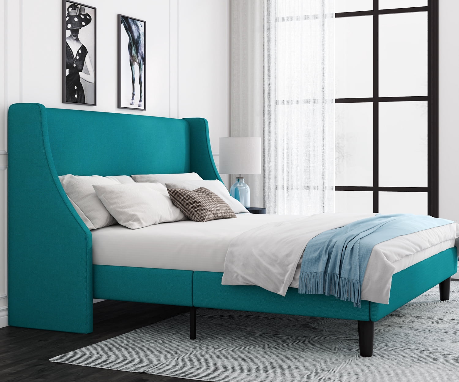 Allewie King Size Fabric Upholstered Platform Bed Frame with Wingback Headboard, Jade Green