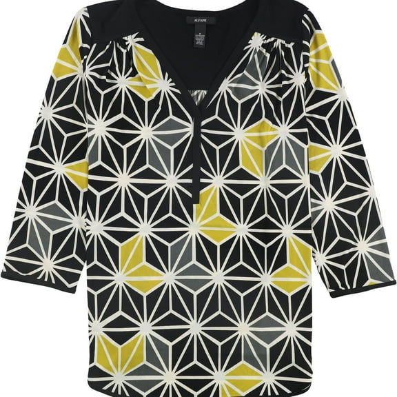 Alfani Womens Y-Neck Pullover Blouse, Yellow, Medium