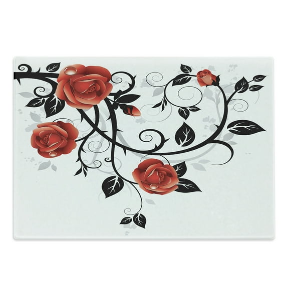 Gothic Cutting Board, Ornate Swirling Branches Roses Garden Flower Grunge Style European, Decorative Tempered Glass Cutting and Serving Board, Large Size, Vermilion Black White, by Ambesonne
