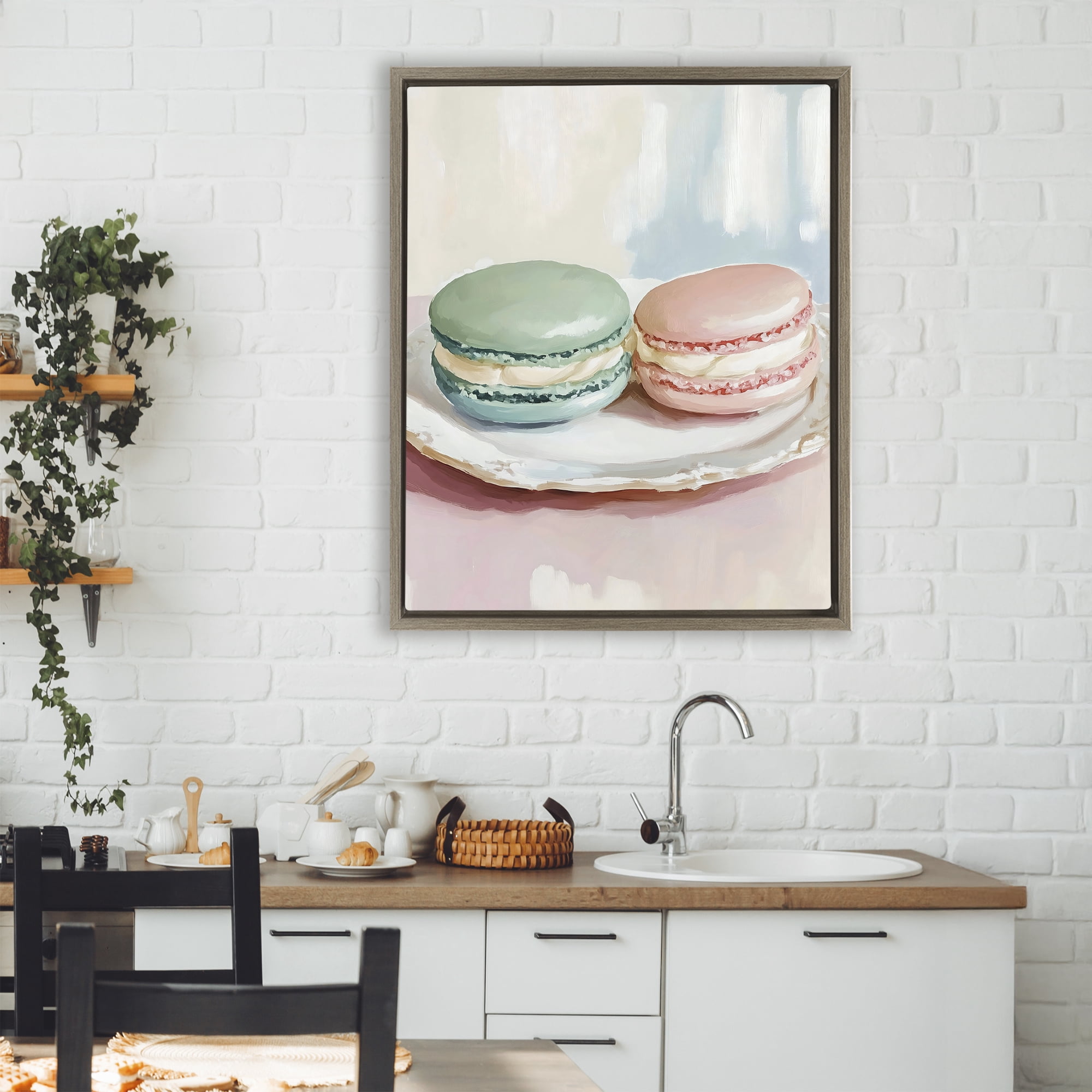 Stupell Industries Pastel Macarons on Plate Brown Framed Floater Canvas Wall Art, design by The Prints Vibe