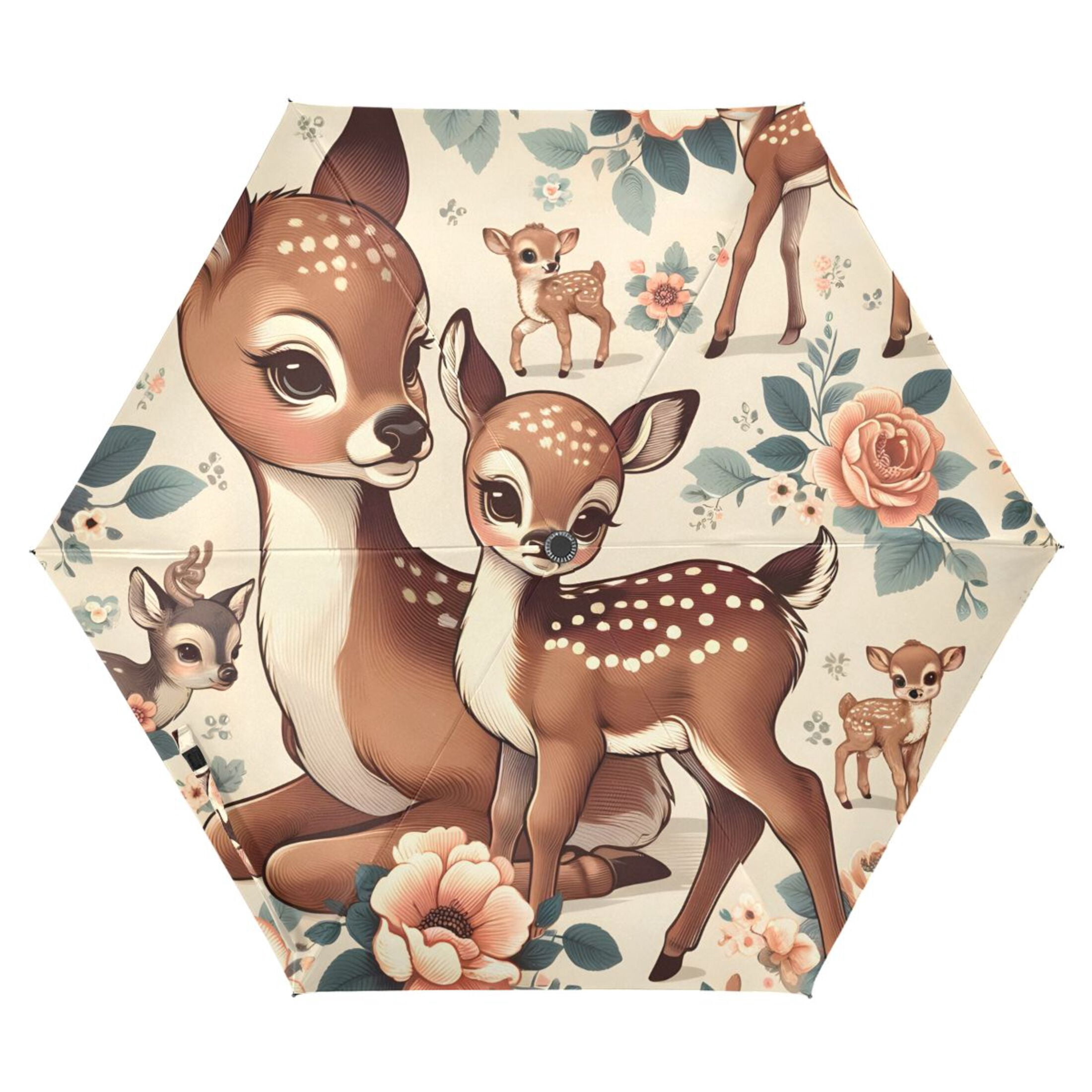 Retro Sika Deer and Flowers Compact Sun Umbrella Windproof Travel Umbrellas for Rain Strong Portable UV Protection