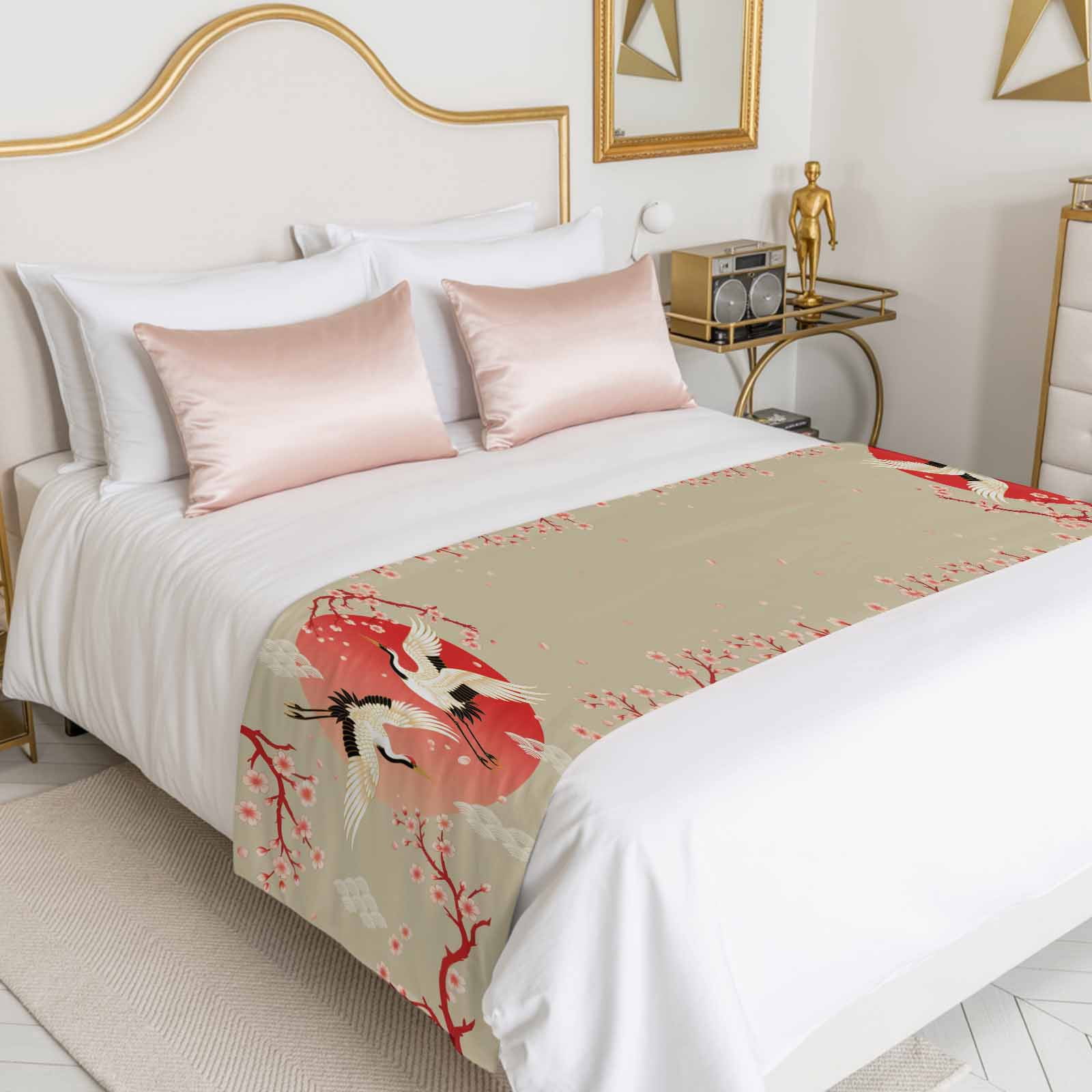 Pink Cherry Blossom Crane Bed Runner for Queen Size Bed, Japanese Style Cloud Harmony Soft Bedding Scarf Bedding Protector Slipcover Sofa Throw for Bedroom Hotel Guesthouse
