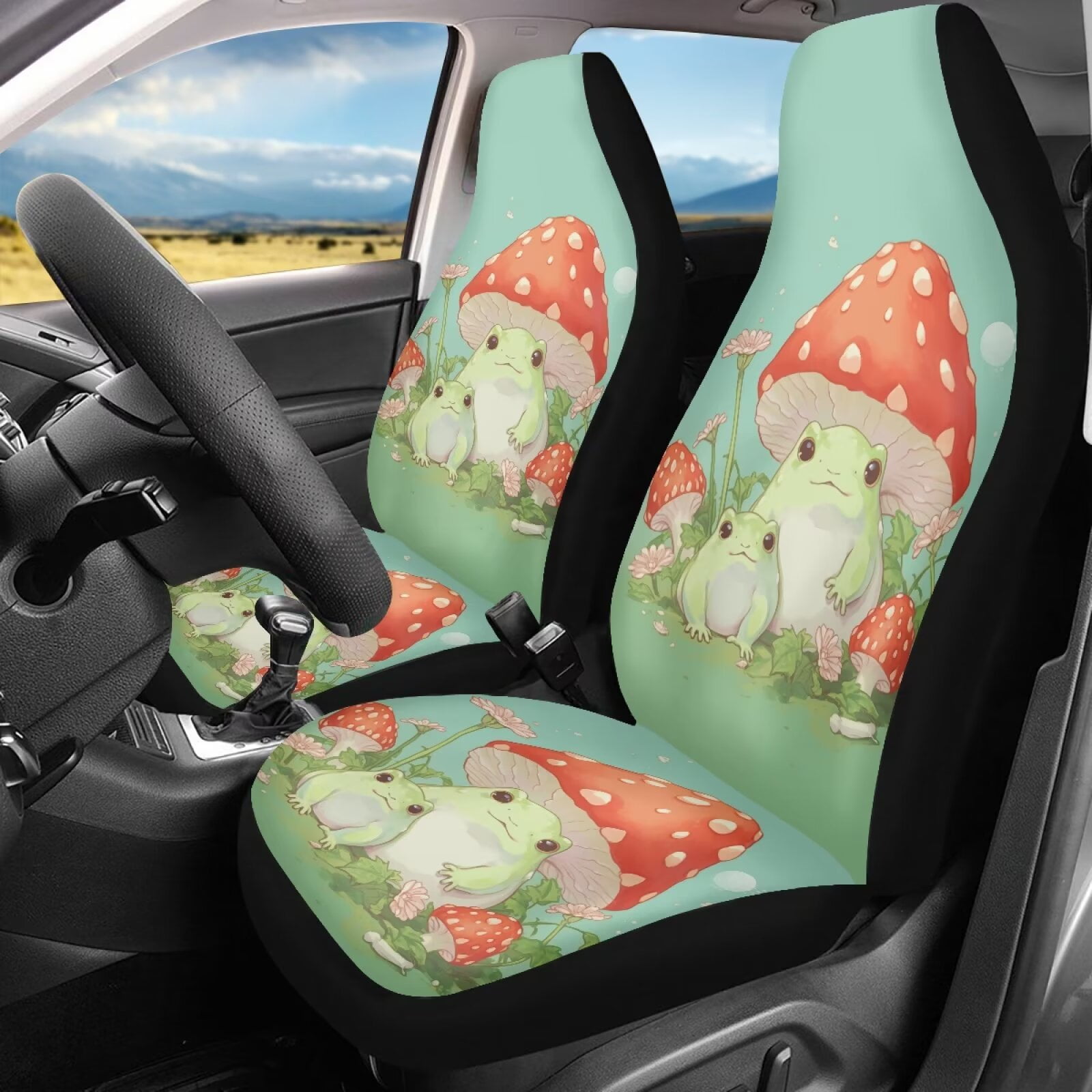 Uourmeti Cute Car Accessories for Women Girl Mushroom Frog Green Print Front Seat Car Covers Set of 2 Bucket Seat Protector Universal Fit Most Truck Suv Van Cars Vehicle Interior Decor