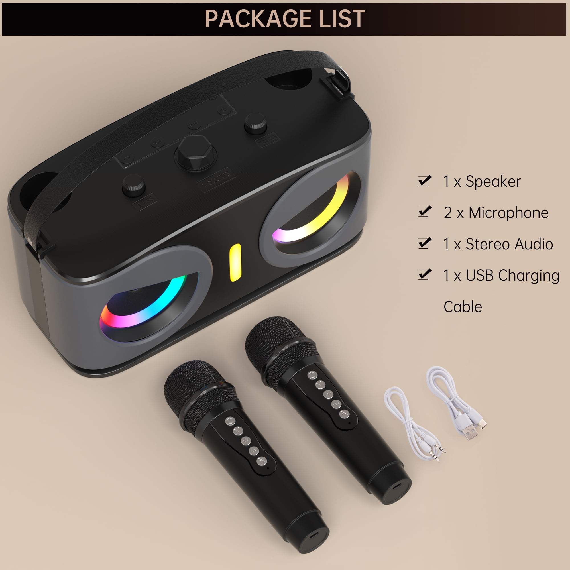 VIPQV Karaoke Machine, Portable Bluetooth Speaker with 2 Wireless Microphones for Adults & Kids, Karaoke Microphone with Voice Change Function, Supports TF/AUX/USB for Home Party